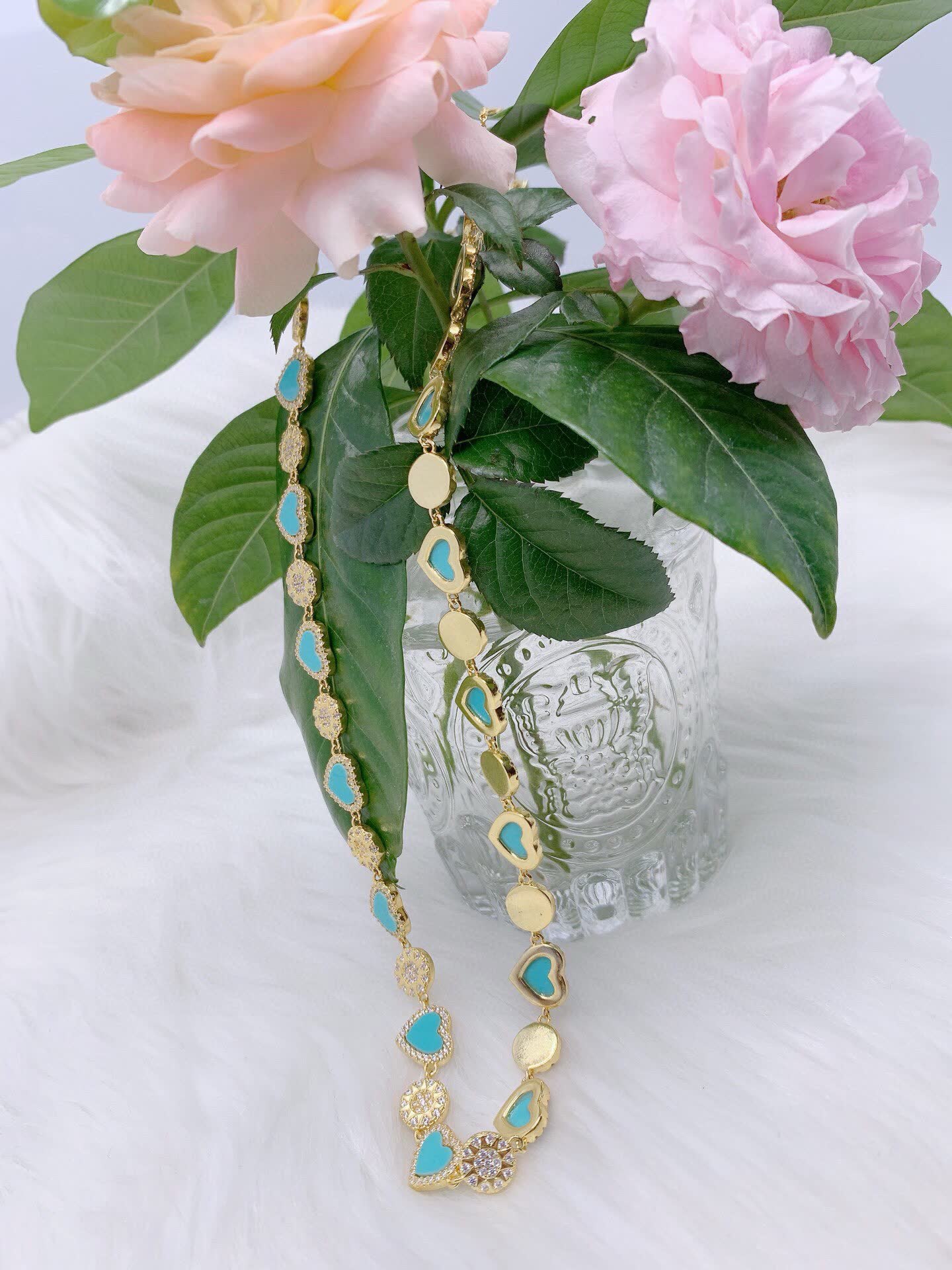 APM Monaco Turquoise Heart and Flower Gold Plated Necklace
